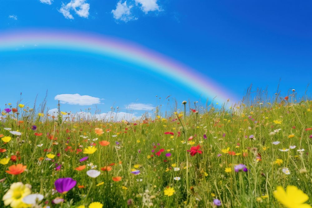 Wildflower rainbow field sky. AI generated Image by rawpixel.