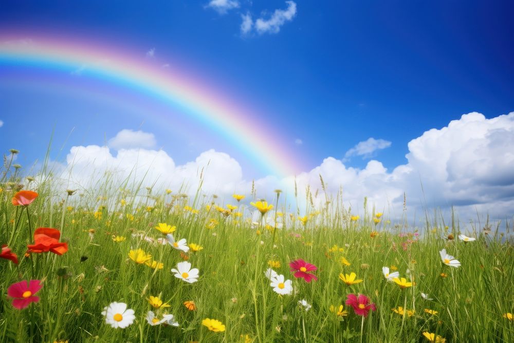 Wildflower rainbow field sky. AI generated Image by rawpixel.