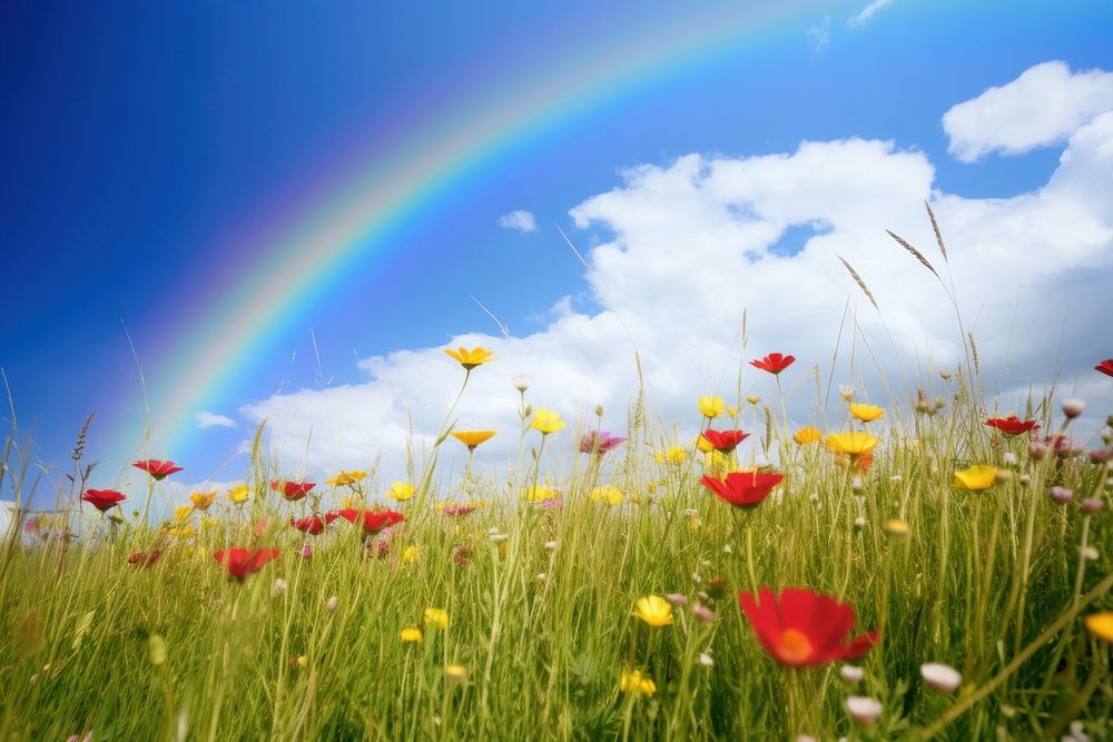Wildflower rainbow field sky. AI generated Image by rawpixel.