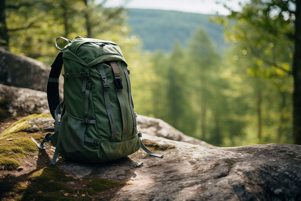 Backpack mountain forest rock. 