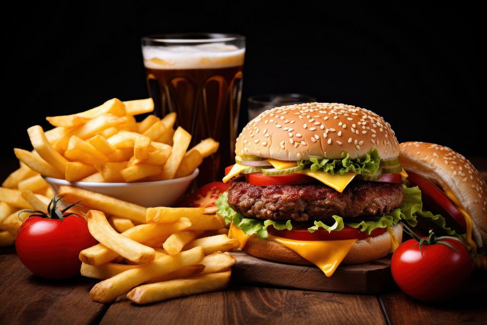 Fast food beer refreshment hamburger. 