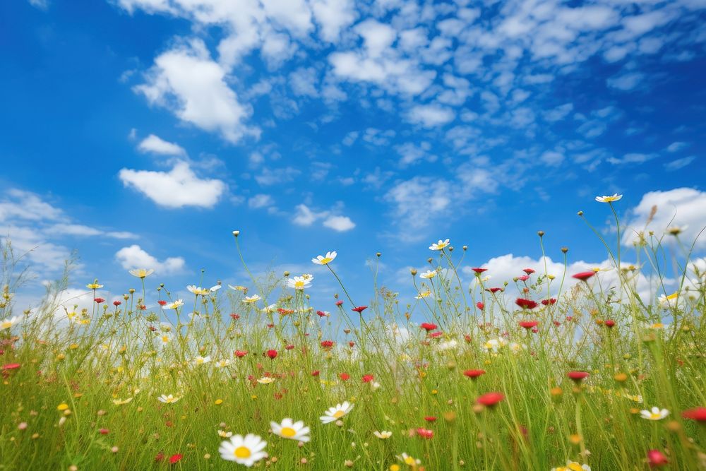 Flower summer field sky. AI generated Image by rawpixel.