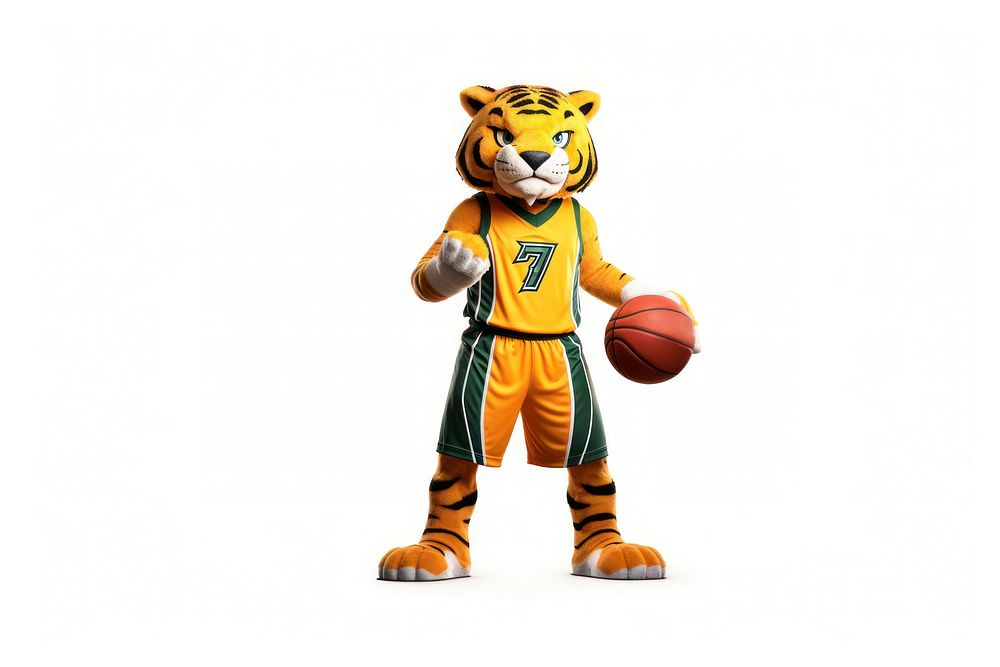 College sports tiger mascot wearing a basketball team outfit white background representation competition. AI generated Image…