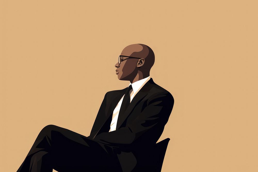 Bald black man sitting portrait glasses. AI generated Image by rawpixel.