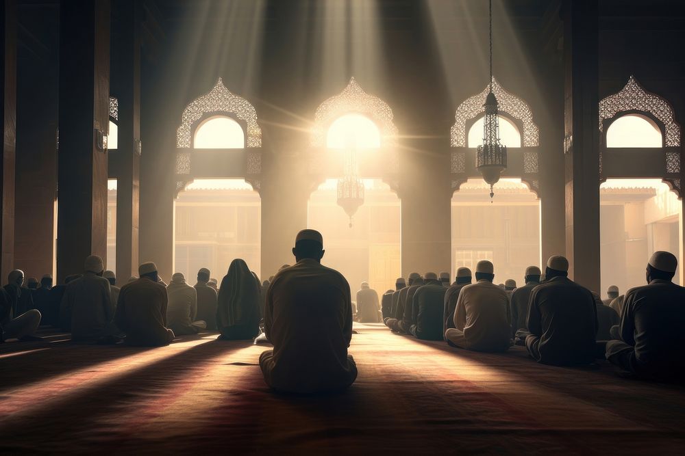 Muslim people praying inside mosque light adult spirituality. 