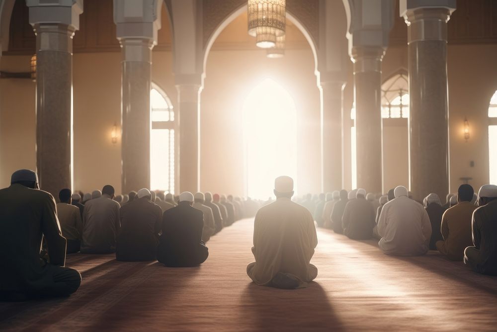 Muslim people praying inside mosque adult architecture spirituality. 