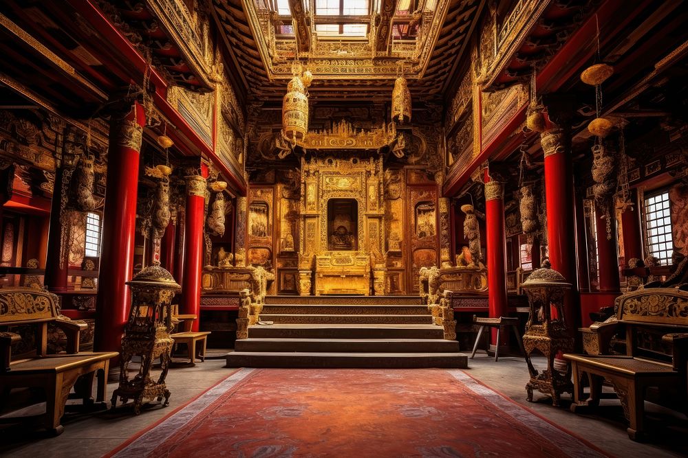 Buddhist temple interior architecture building throne. 