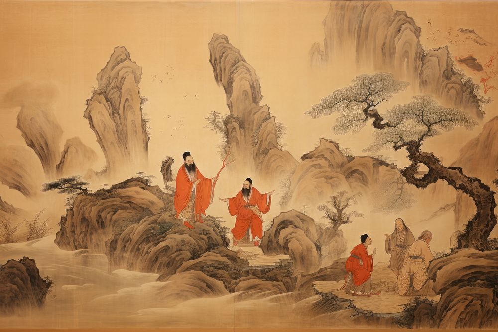 Ancient chinese painting outdoors drawing sketch. 