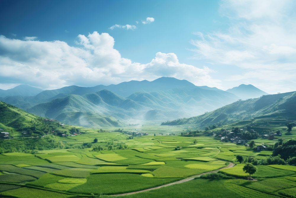 Farming field sky landscape mountain. AI generated Image by rawpixel.