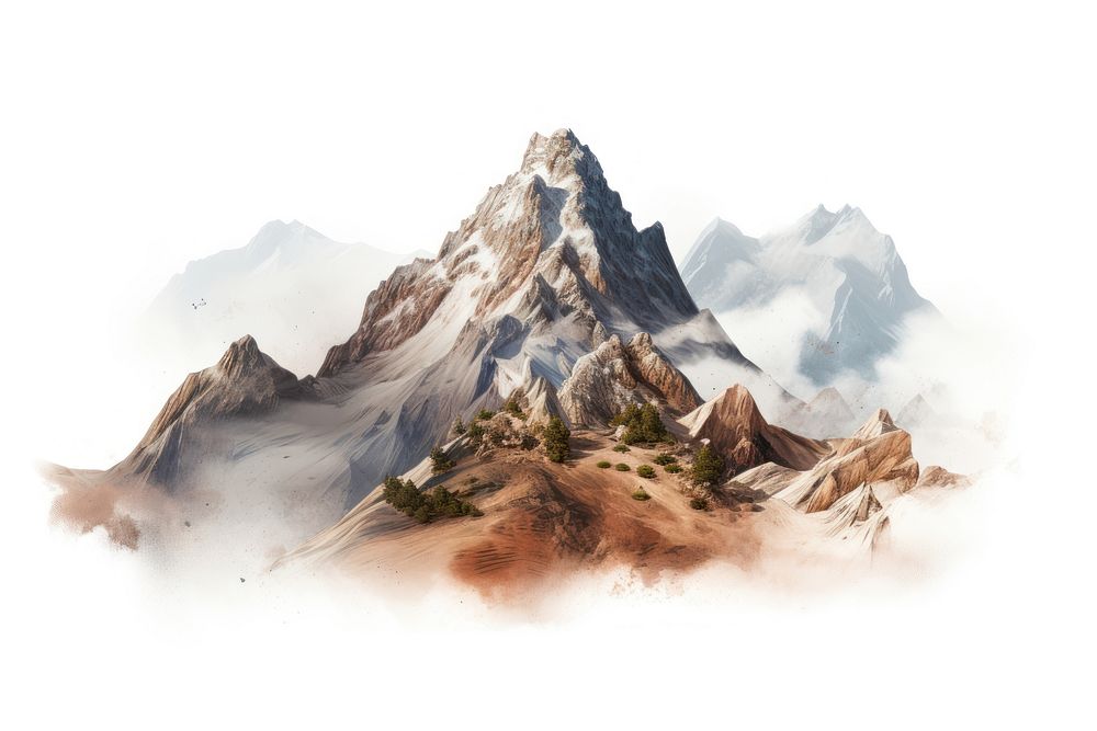 Rugged mountain landscape nature white background. AI generated Image by rawpixel.