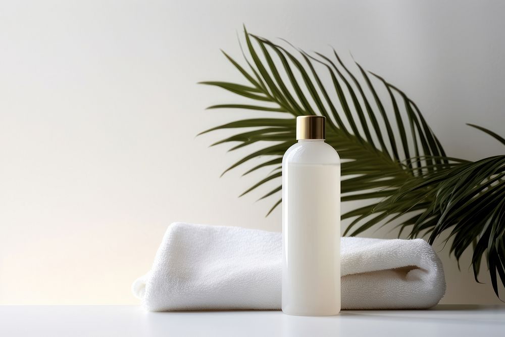 White cosmetic bottles towel white container. AI generated Image by rawpixel.