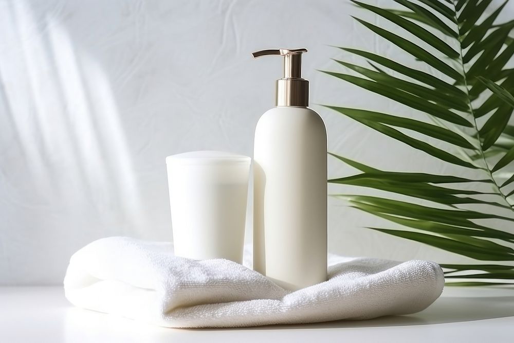 White cosmetic bottles cosmetics towel white. 