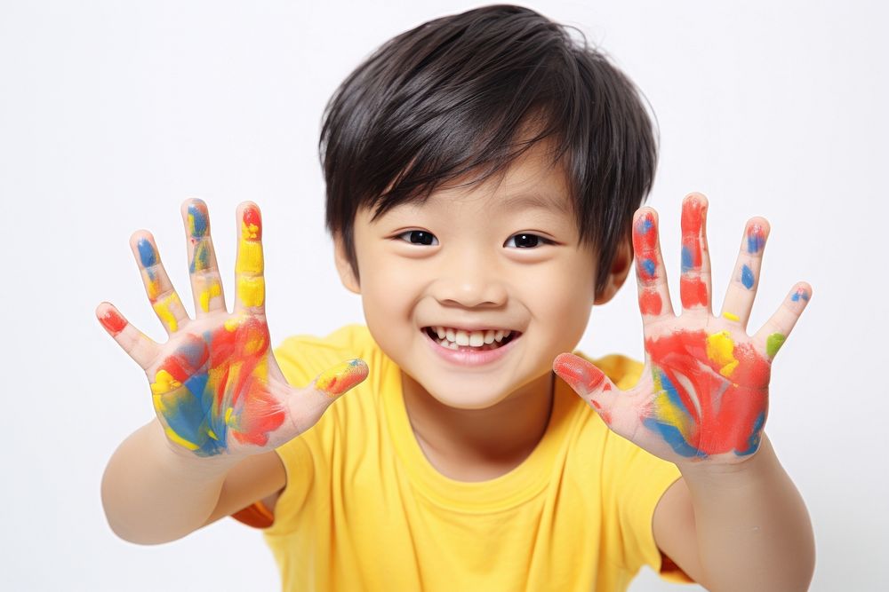 Asian children smile hand finger. 