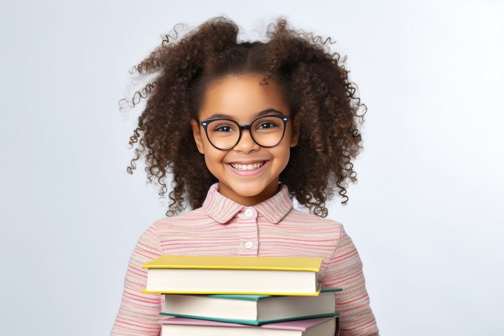 Black children girl glasses smiling reading. AI generated Image by rawpixel.