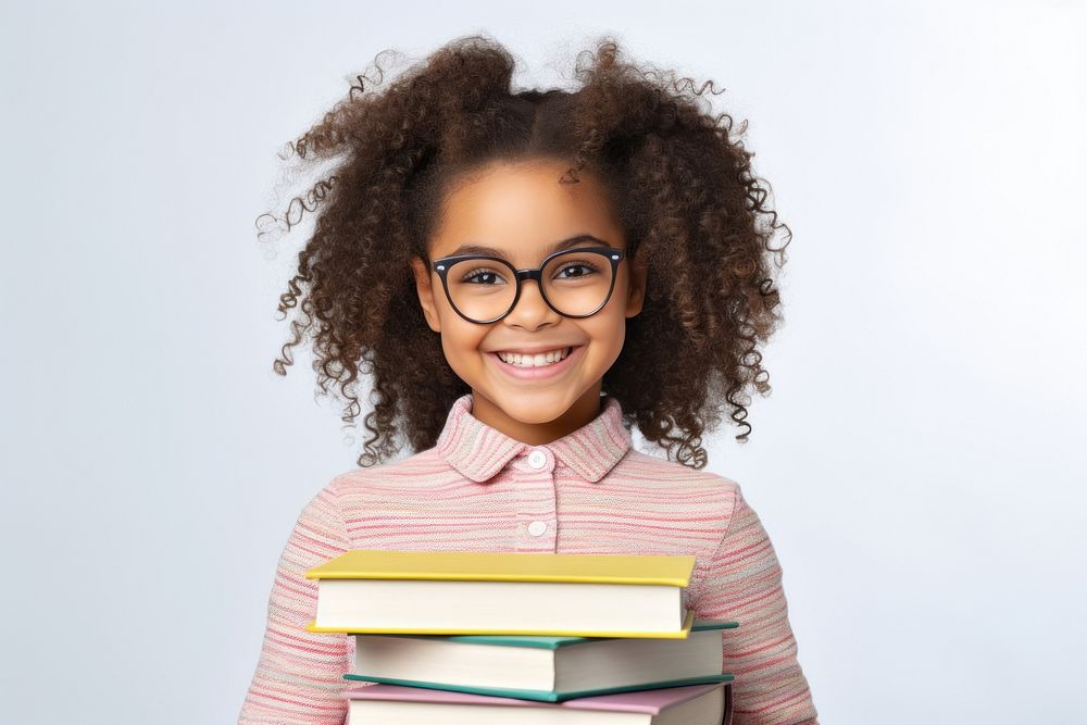 Black children girl glasses smiling reading. 