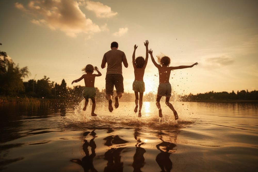 Happy family child lake swimming. 