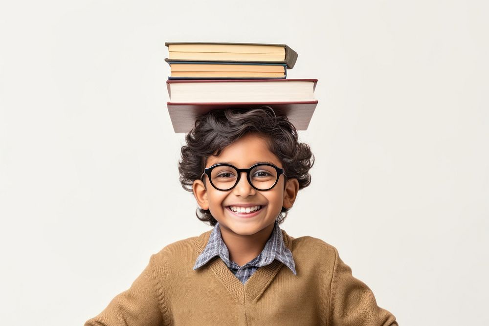 Indian children boy glasses book publication. AI generated Image by rawpixel.