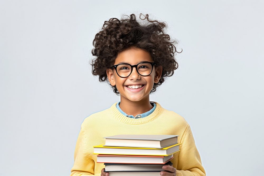 Indian children boy glasses smiling reading. 