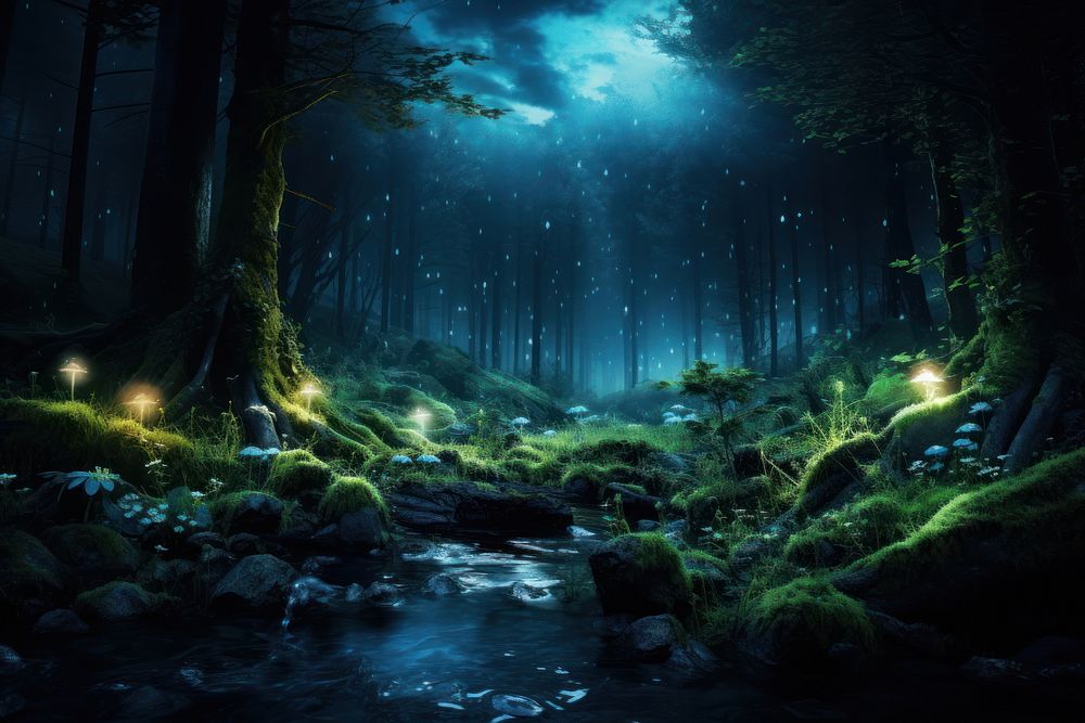 Beautiful Night Forest forest night landscape. AI generated Image by rawpixel.