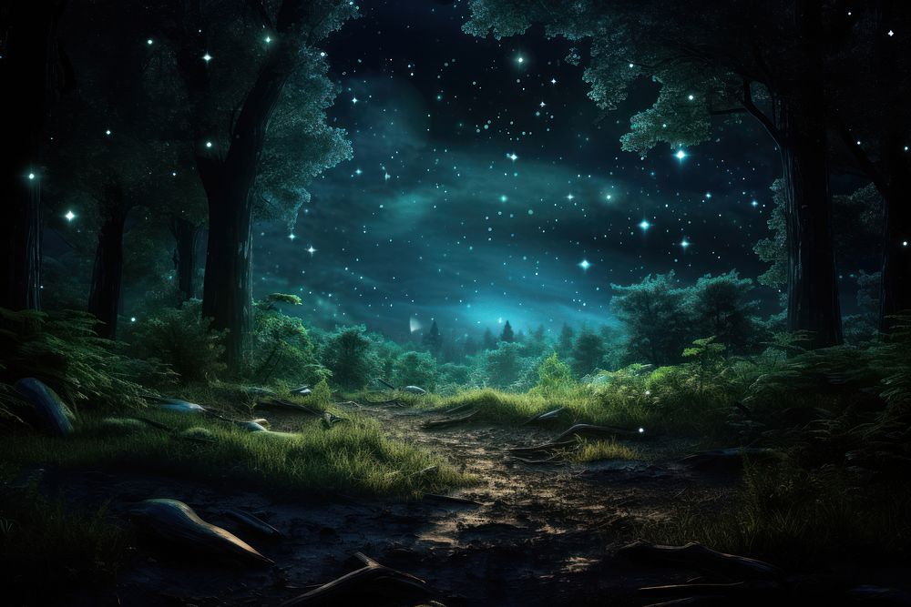 Beautiful Night Forest night landscape outdoors. AI generated Image by rawpixel.