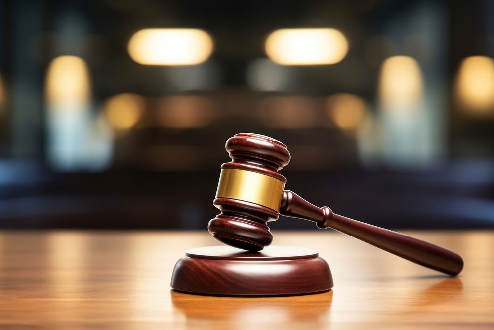 Gavel on wooden courtroom table.