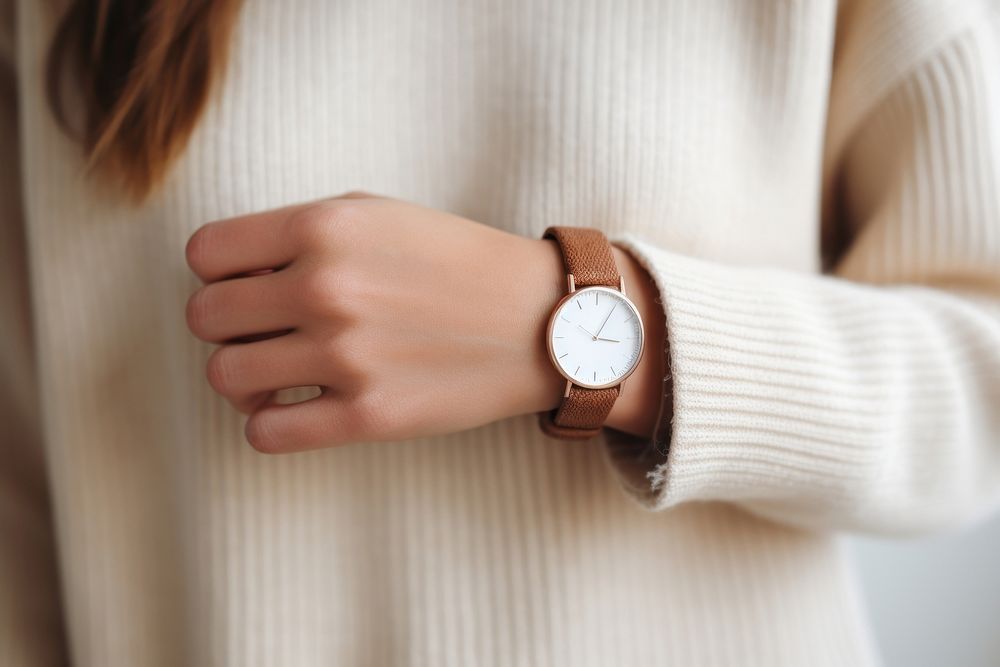 Brown leather watch wristwatch hand deadline. AI generated Image by rawpixel.