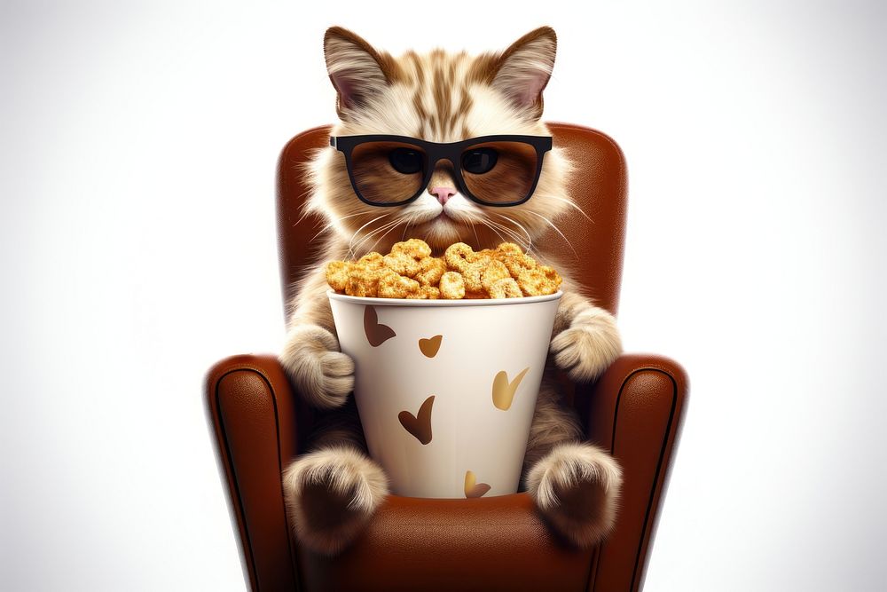 Cat wear sunglasses chair popcorn cartoon. AI generated Image by rawpixel.