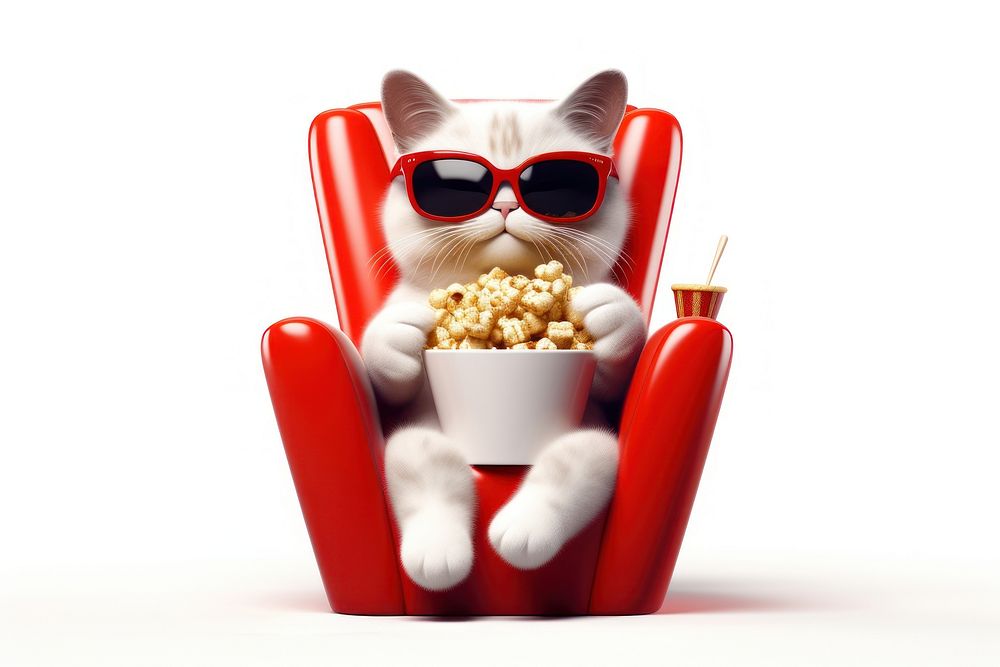 Cat wear sunglasses popcorn cartoon mammal. 