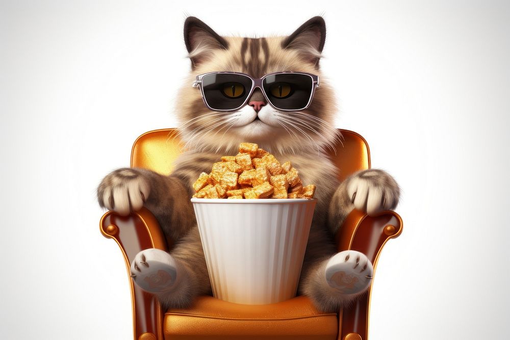 Cat wear sunglasses chair popcorn cartoon. 