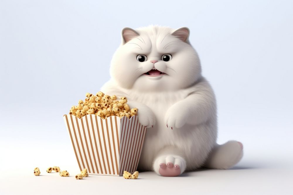 Fat cat eat popcorn mammal animal food. AI generated Image by rawpixel.