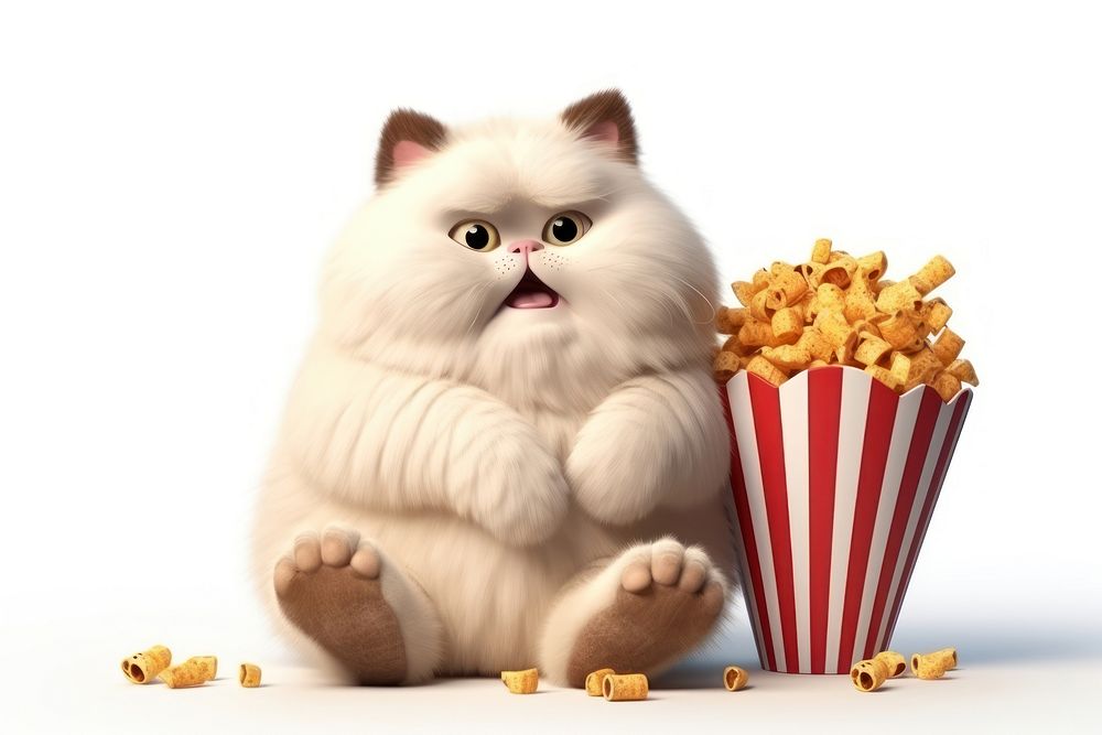 Fat cat eat popcorn cartoon mammal animal. AI generated Image by rawpixel.