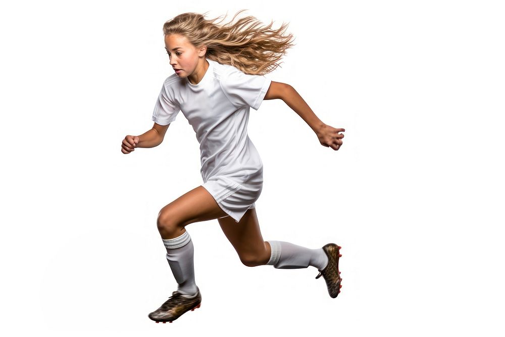 Girl running playing football jumping white white background. AI generated Image by rawpixel.