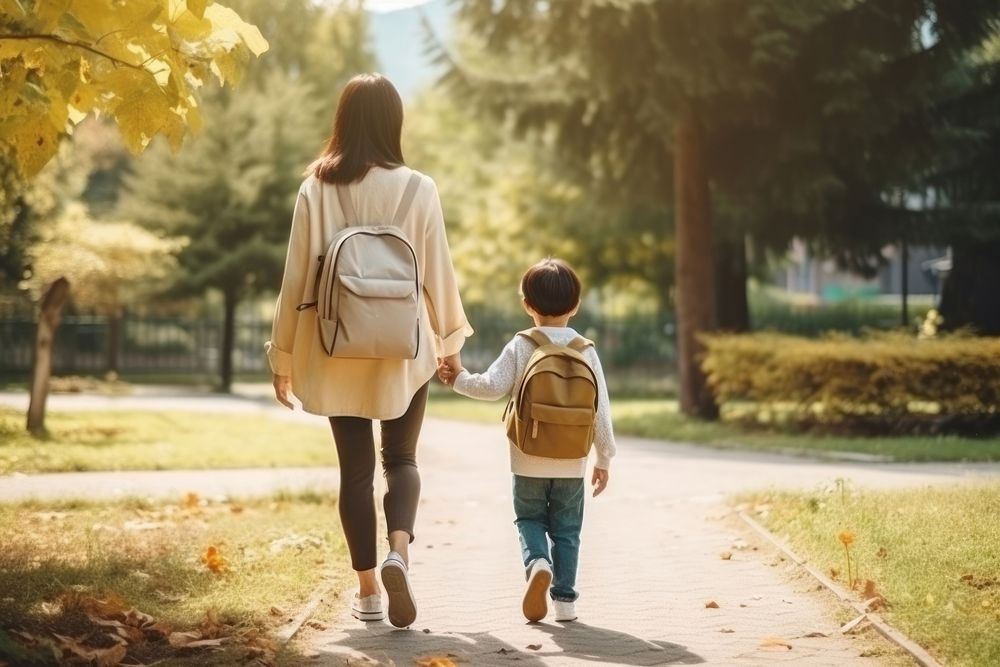 Walking child backpack adult. AI generated Image by rawpixel.