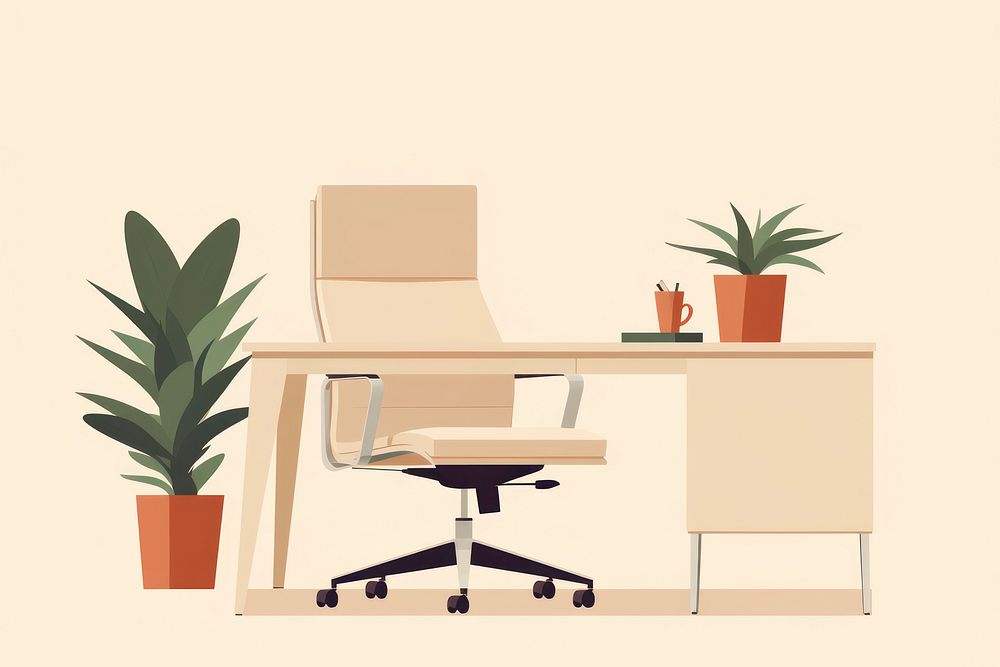 Modern office chair and desk furniture table plant.