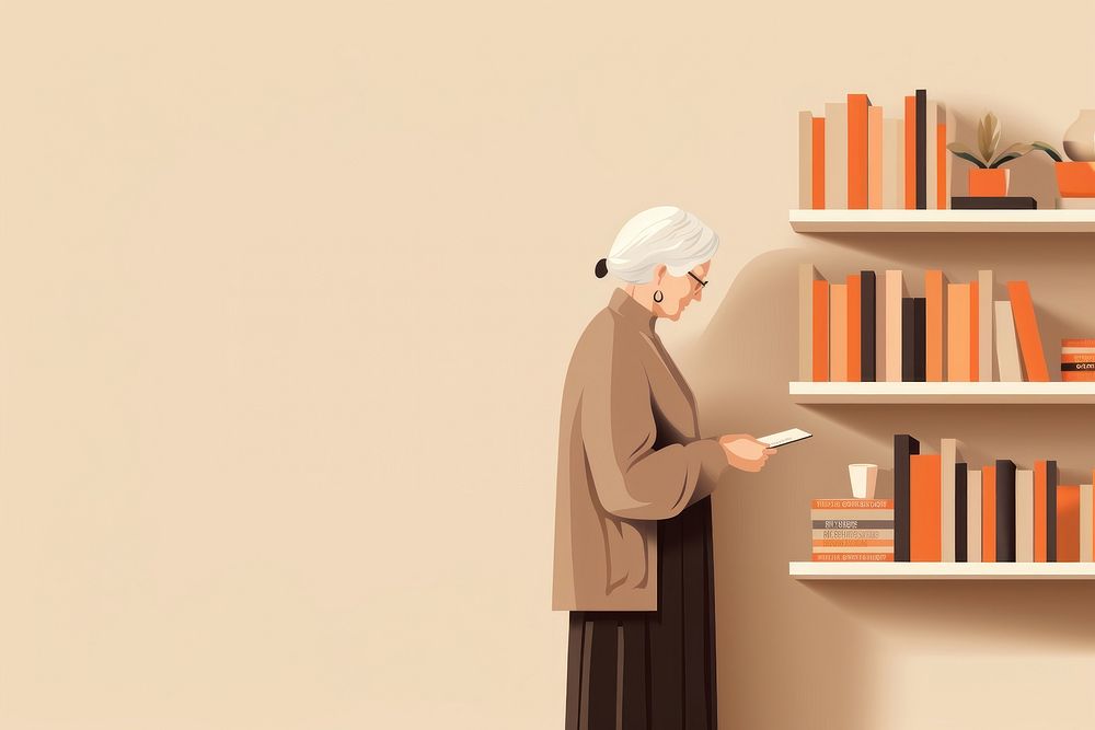 Senior woman reading book while standing against bookshelf bookcase adult face. 