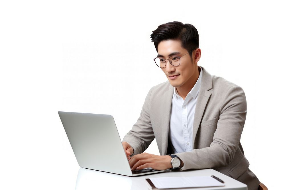 Man using laptop computer portrait sitting. 