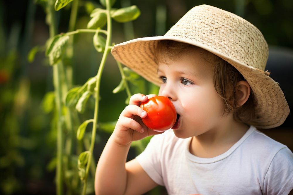 Kid eating tomato biting summer baby. 
