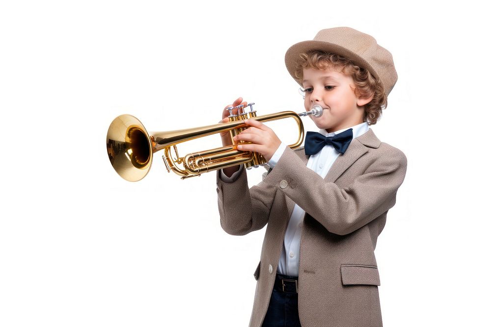 Boy playing trumpet horn white background saxophonist. AI generated Image by rawpixel.