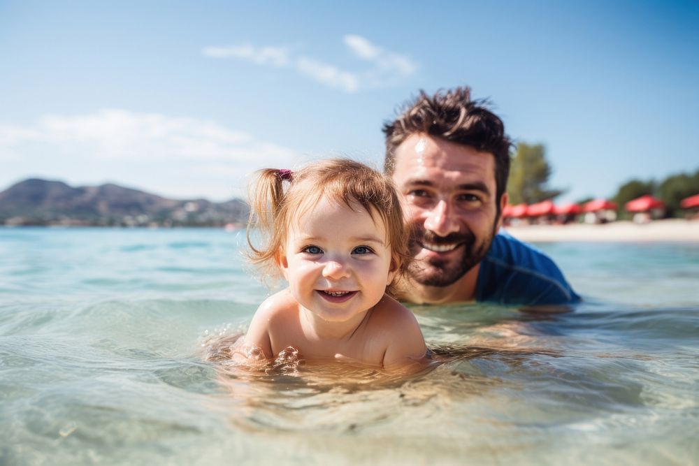 Baby swimming portrait outdoors. 