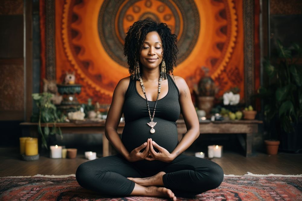 Black pregnant woman yoga sitting sports. AI generated Image by rawpixel.