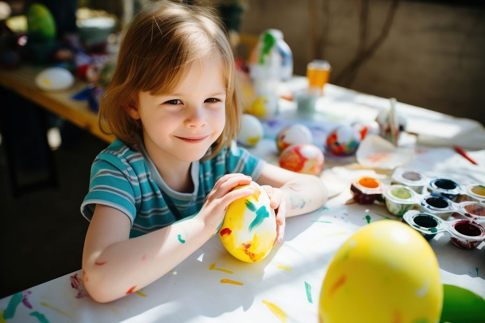 Kid painting easter eggs smiling child celebration. AI generated Image by rawpixel.