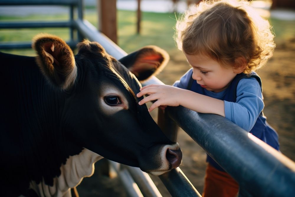 Kid petting cow livestock mammal animal. 