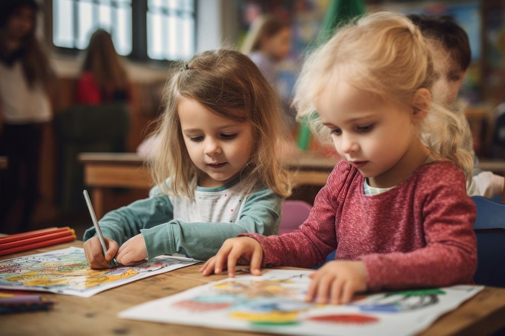 Kids drawing together student child concentration. AI generated Image by rawpixel.