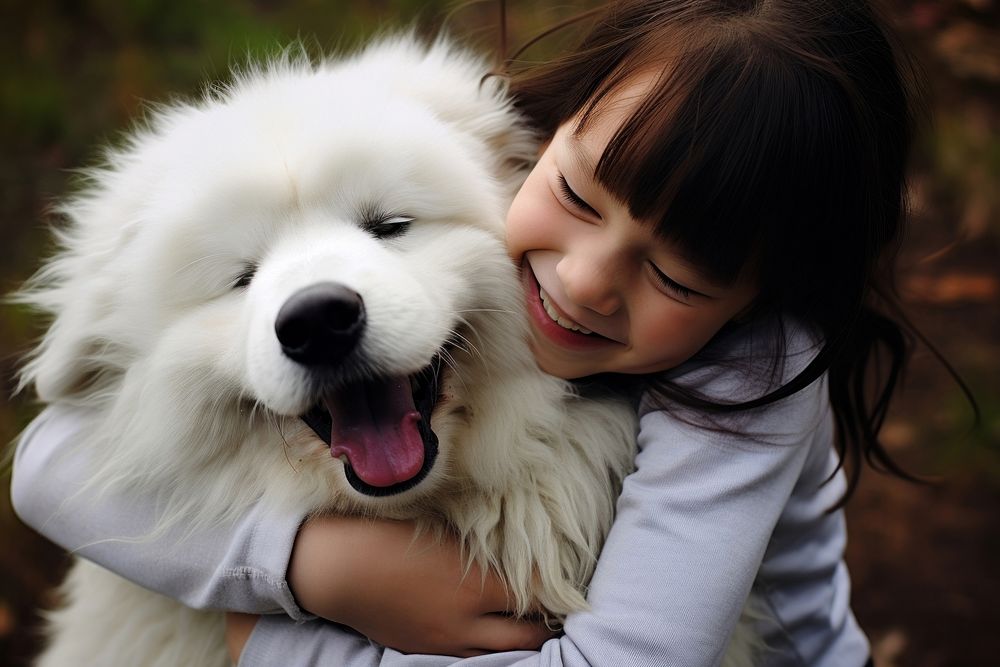 Kids hugging dog portrait smiling mammal. AI generated Image by rawpixel.