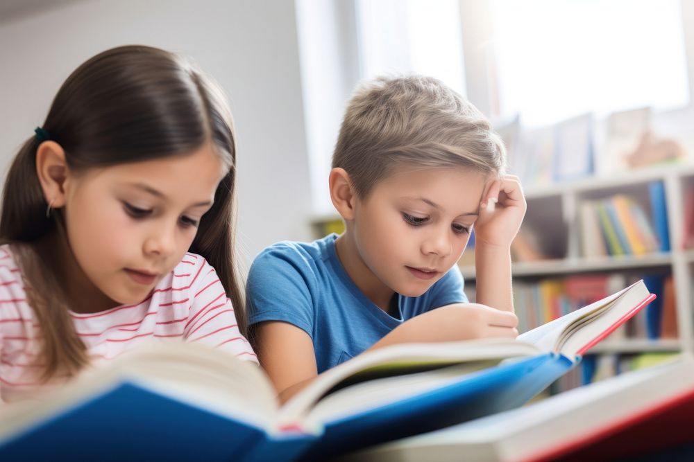 Kids reading books classroom student child. 