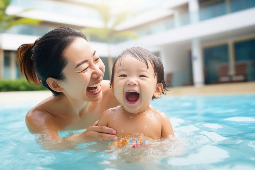 Happy Asian toddler girl smiling joyfully swimming laughing bonding. AI generated Image by rawpixel.