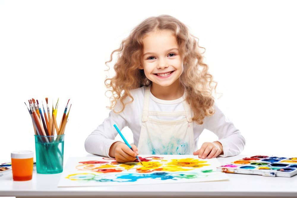 Joyful little girl art student brush paint child. AI generated Image by rawpixel.
