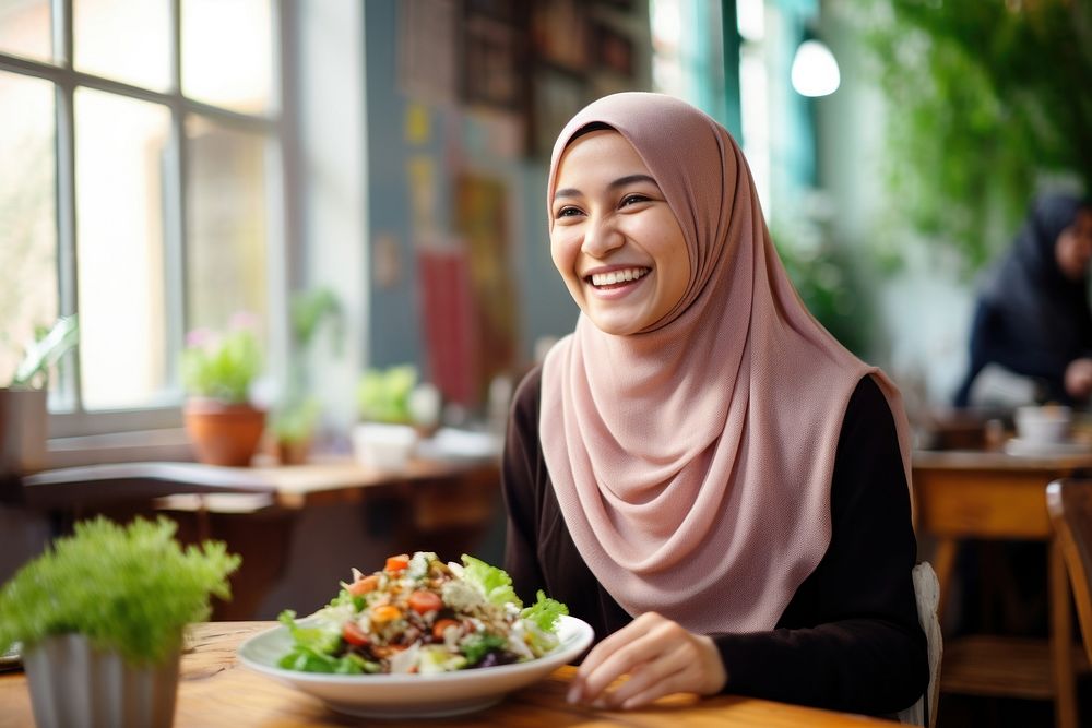 Muslim woman smiling eating smile. AI generated Image by rawpixel.