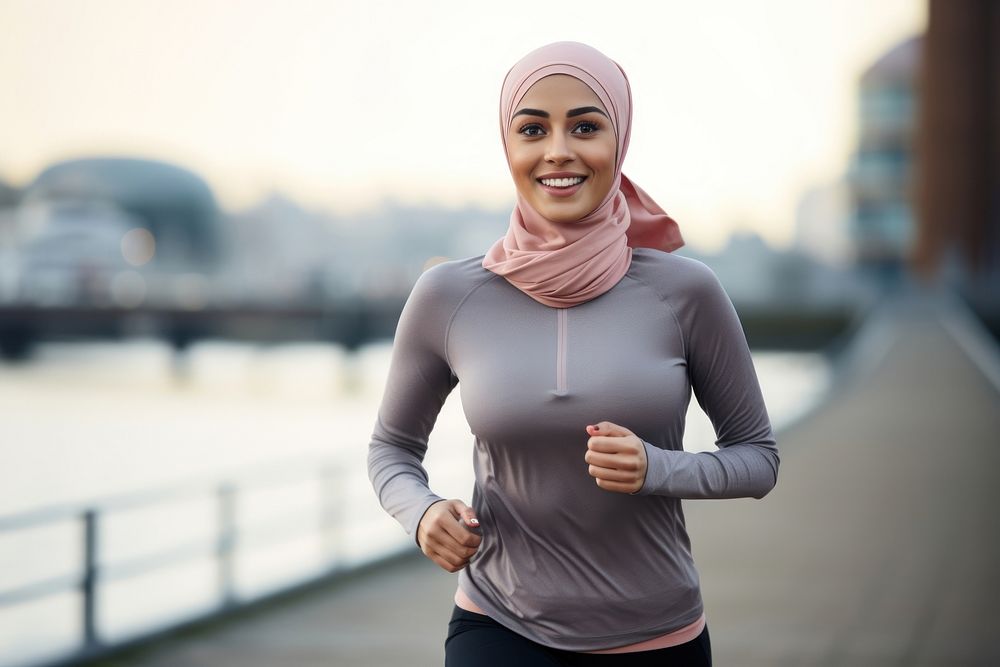 Muslim woman running jogging smiling. AI generated Image by rawpixel.