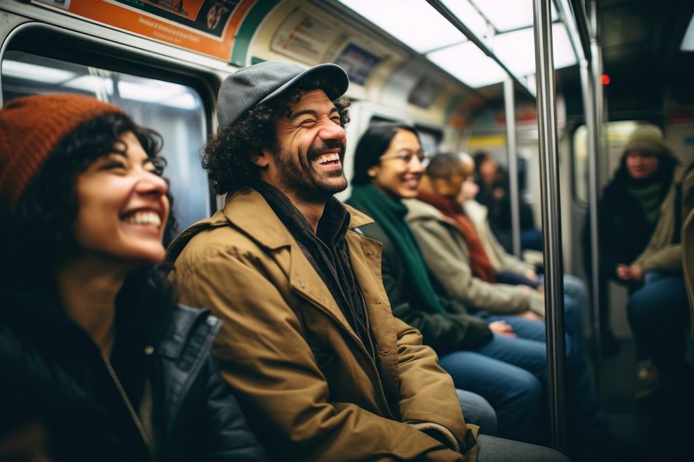 Subway train laughing smiling people. 